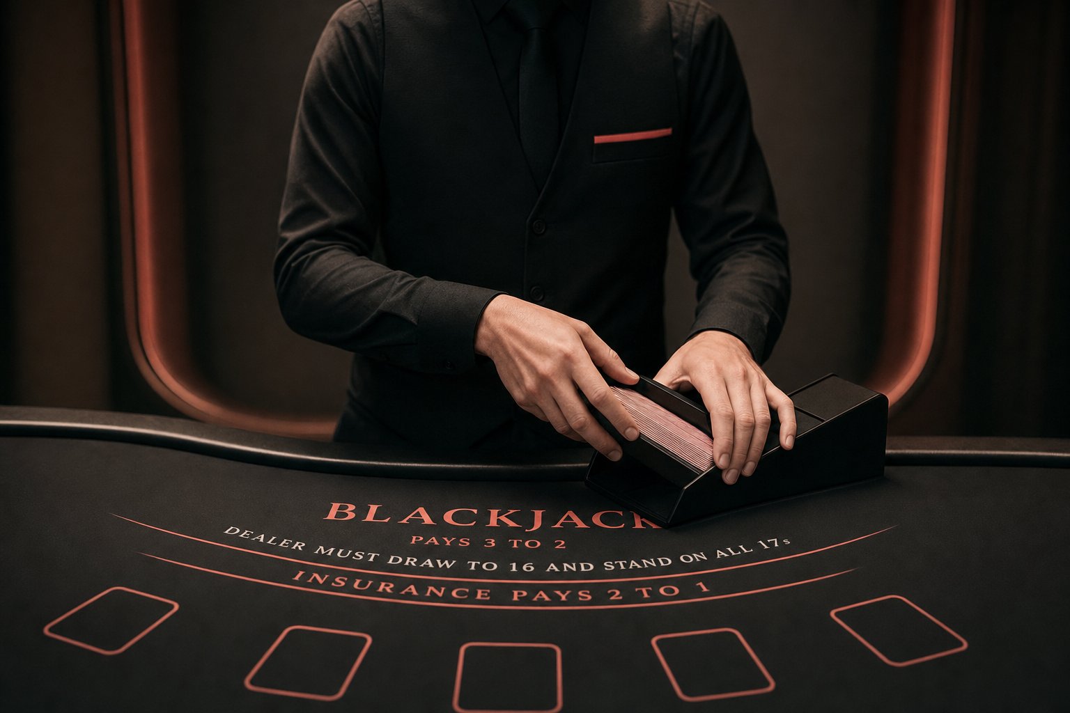 Mesa de blackjack ao vivo iluminada por luz lateral quente, foco nas mãos do dealer embaralhando o sapato